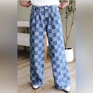 Checkerboard Wide-Leg Denim Pants - Blue